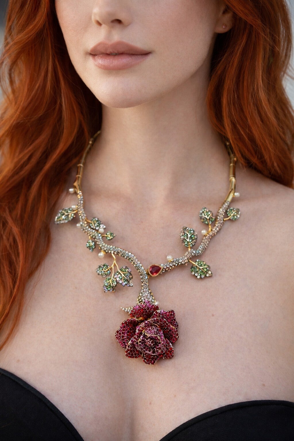 Bochic "Orient" Vintage Rubin & Multi Edelstein Blume Halskette Set in 18K Gold & Silve im Angebot