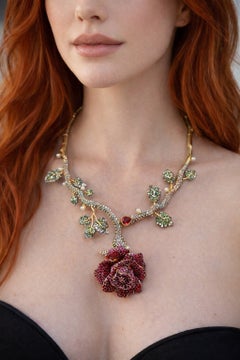 Bochic “Orient” Vintage Ruby & Multi Gem Flower Necklace Set In 18K Gold & Silve