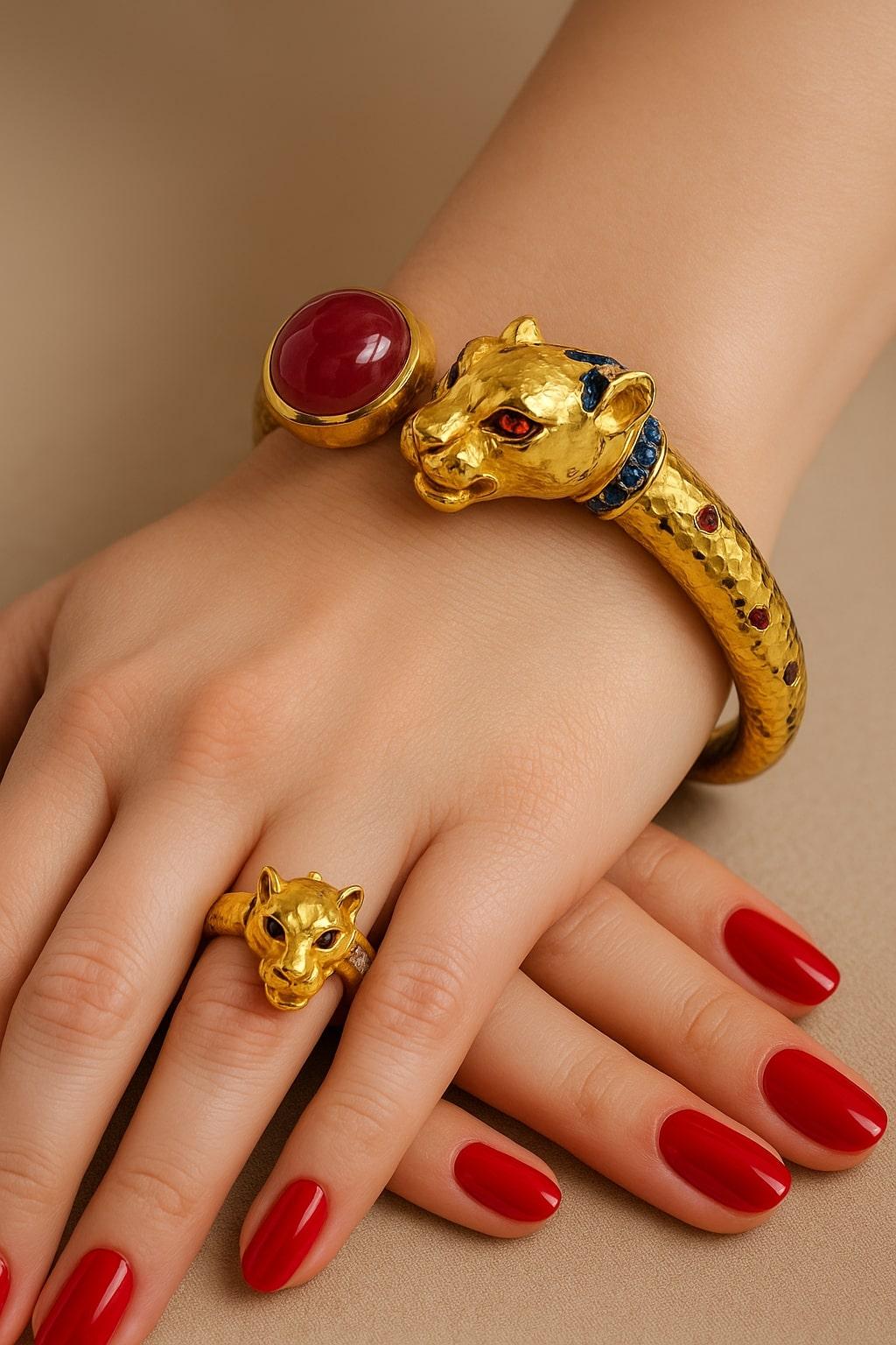 Bochic “Orient” Vintage Ruby & Multi Sapphire Dragon Bangle Set In 18K Gold & For Sale 6