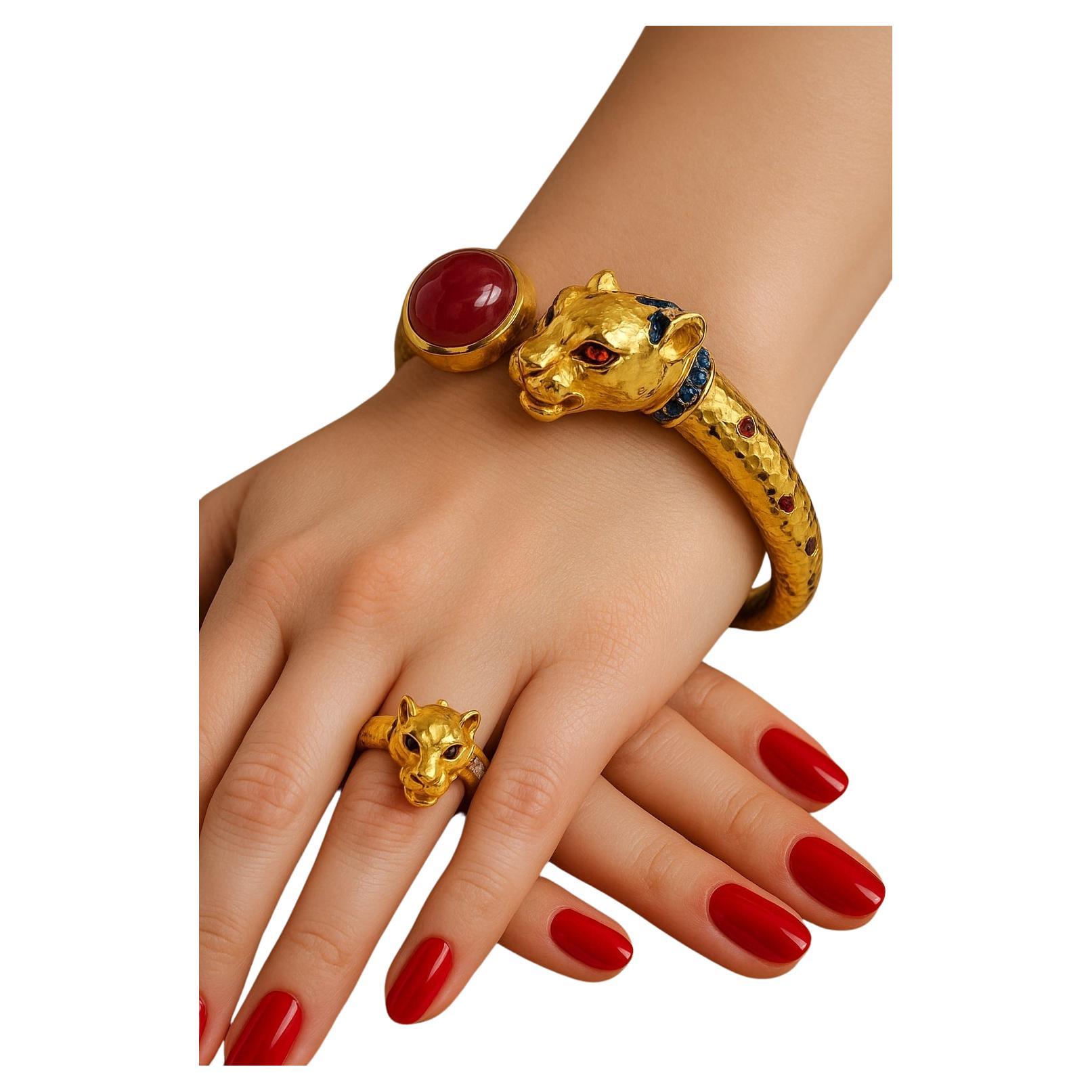 Bochic “Orient” Vintage Ruby 
Multi Sapphire Dragon Bangle Set In 18K Gold 
For Sale