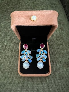 Bochic “Orient” Vintage Ruby, Opal & Sapphires Earrings Set 18K Gold & Silver