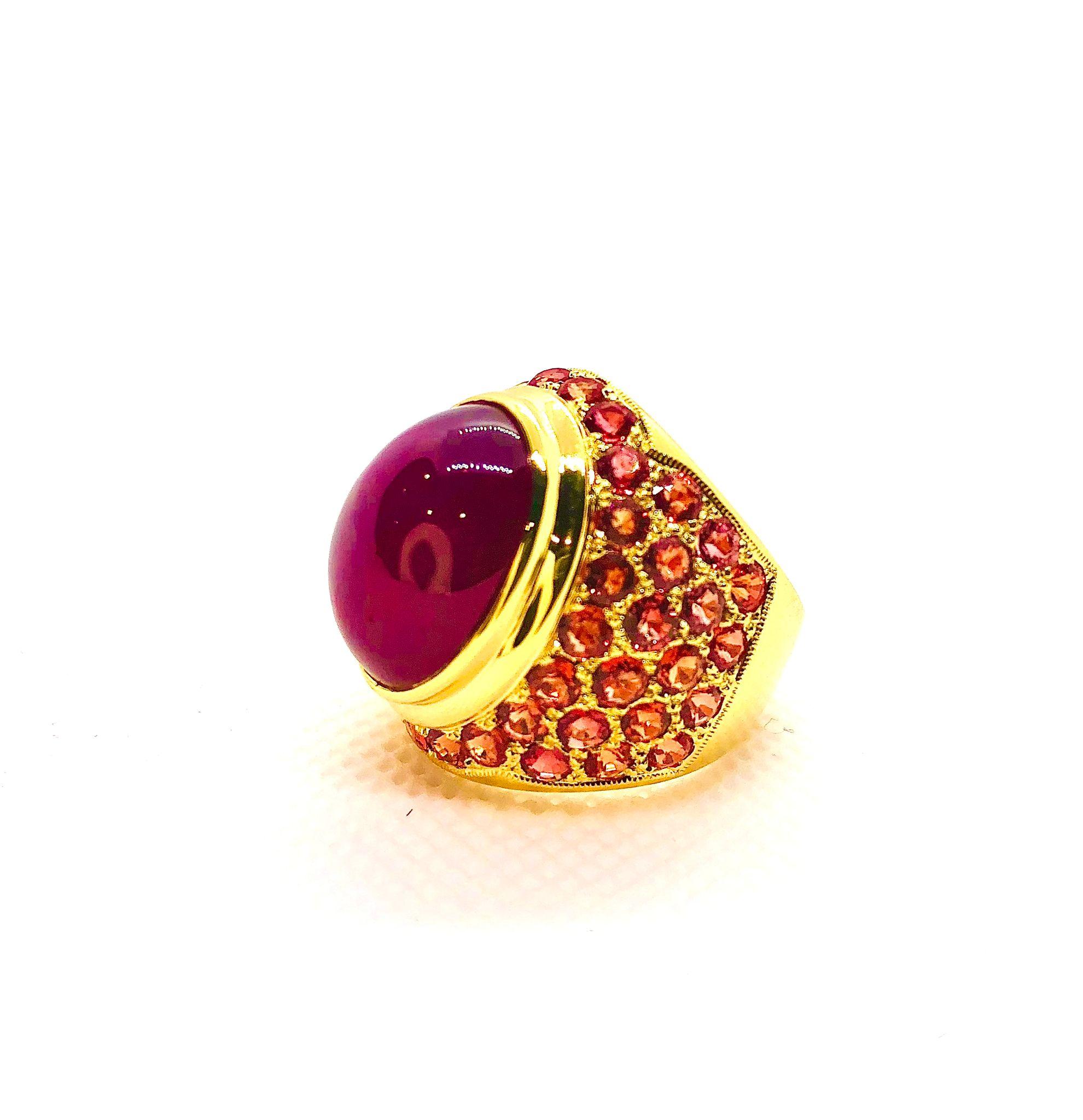 Bochic “Orient” Vintage Ruby & Orange Sapphire Cocktail Ring 18K Gold & Silver For Sale 4