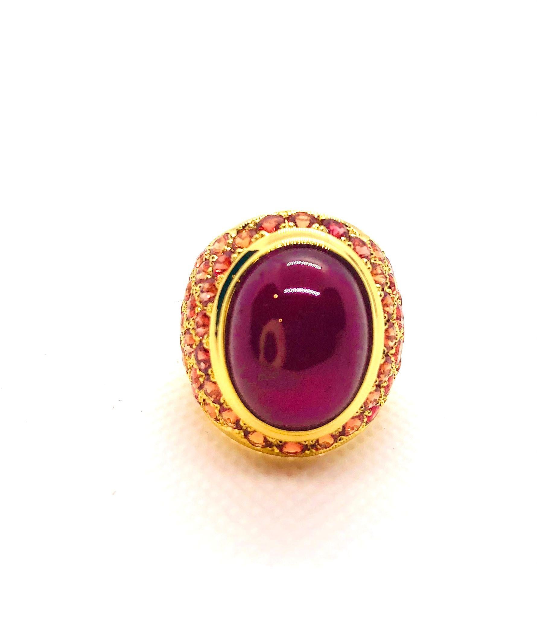 Art Deco Bochic “Orient” Vintage Ruby & Orange Sapphire Cocktail Ring 18K Gold & Silver For Sale