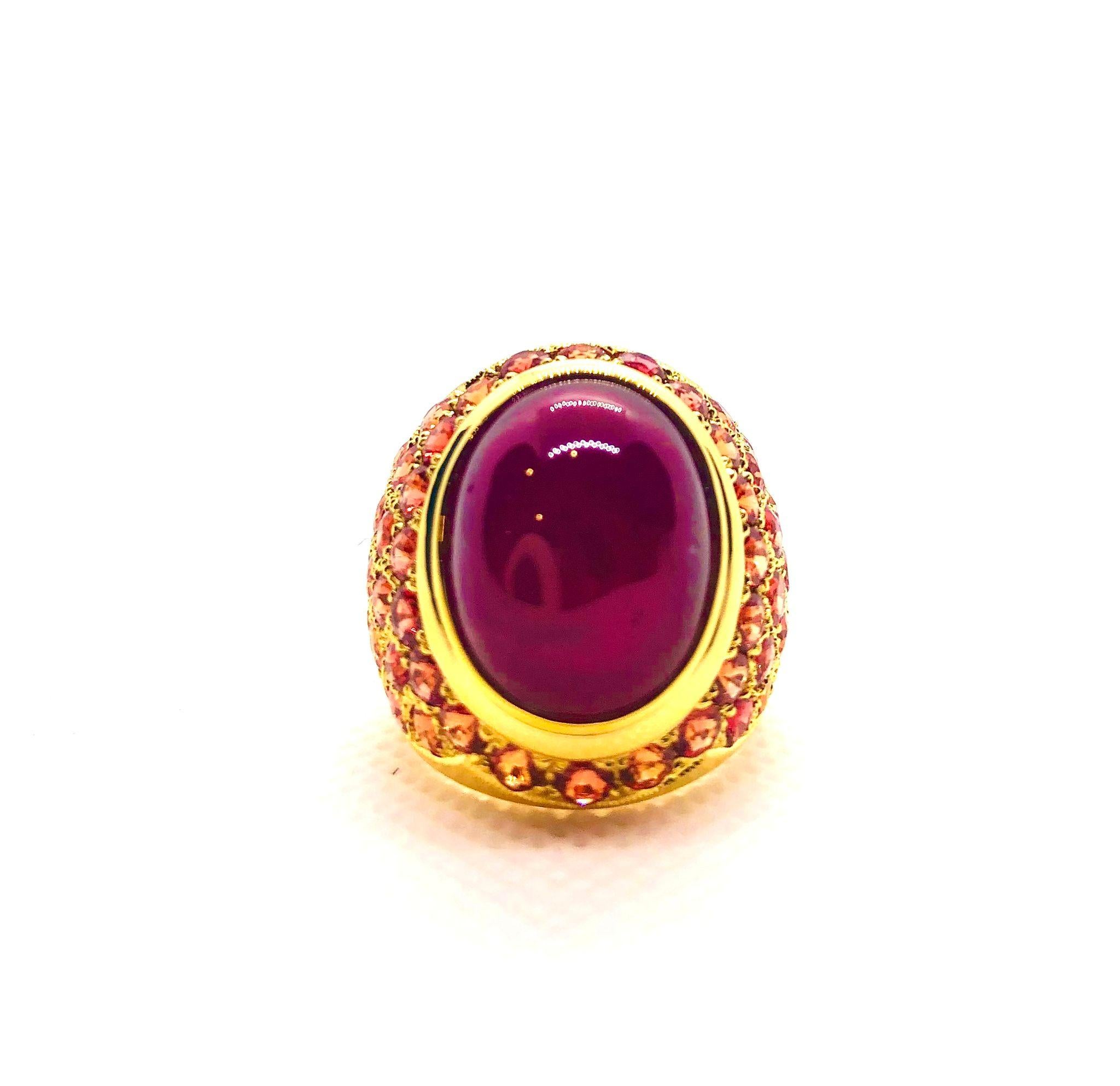 Bochic “Orient” Vintage Ruby & Orange Sapphire Cocktail Ring 18K Gold & Silver For Sale 2