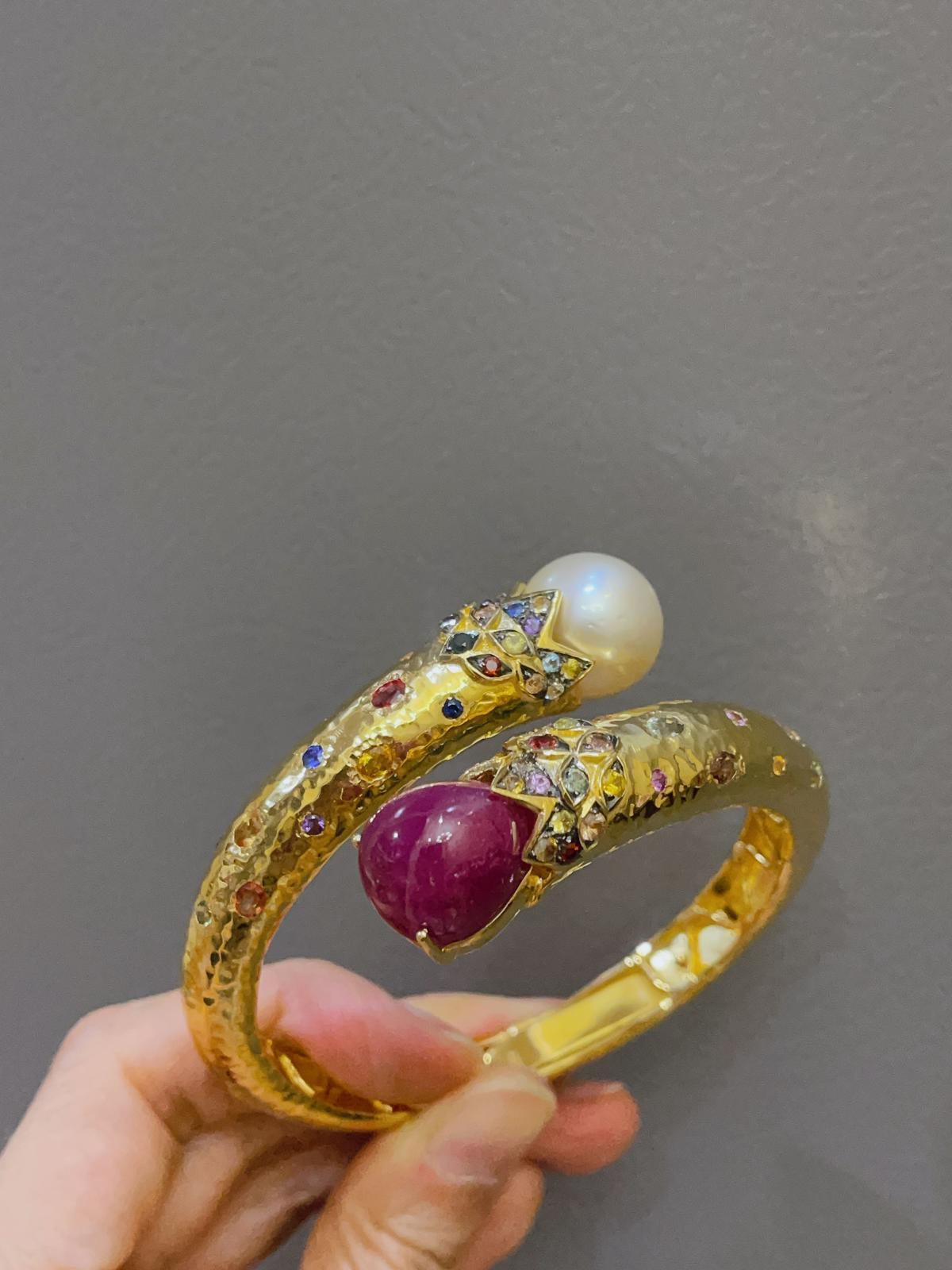 Bochic “Orient” Vintage Ruby, Pearl & Multi Sapphire Dragon Bangle Set In 18K Go For Sale 7
