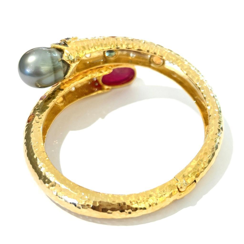 Greek Revival Bochic “Orient” Vintage Ruby, Pearl & Multi Sapphire Dragon Bangle Set In 18K Go For Sale