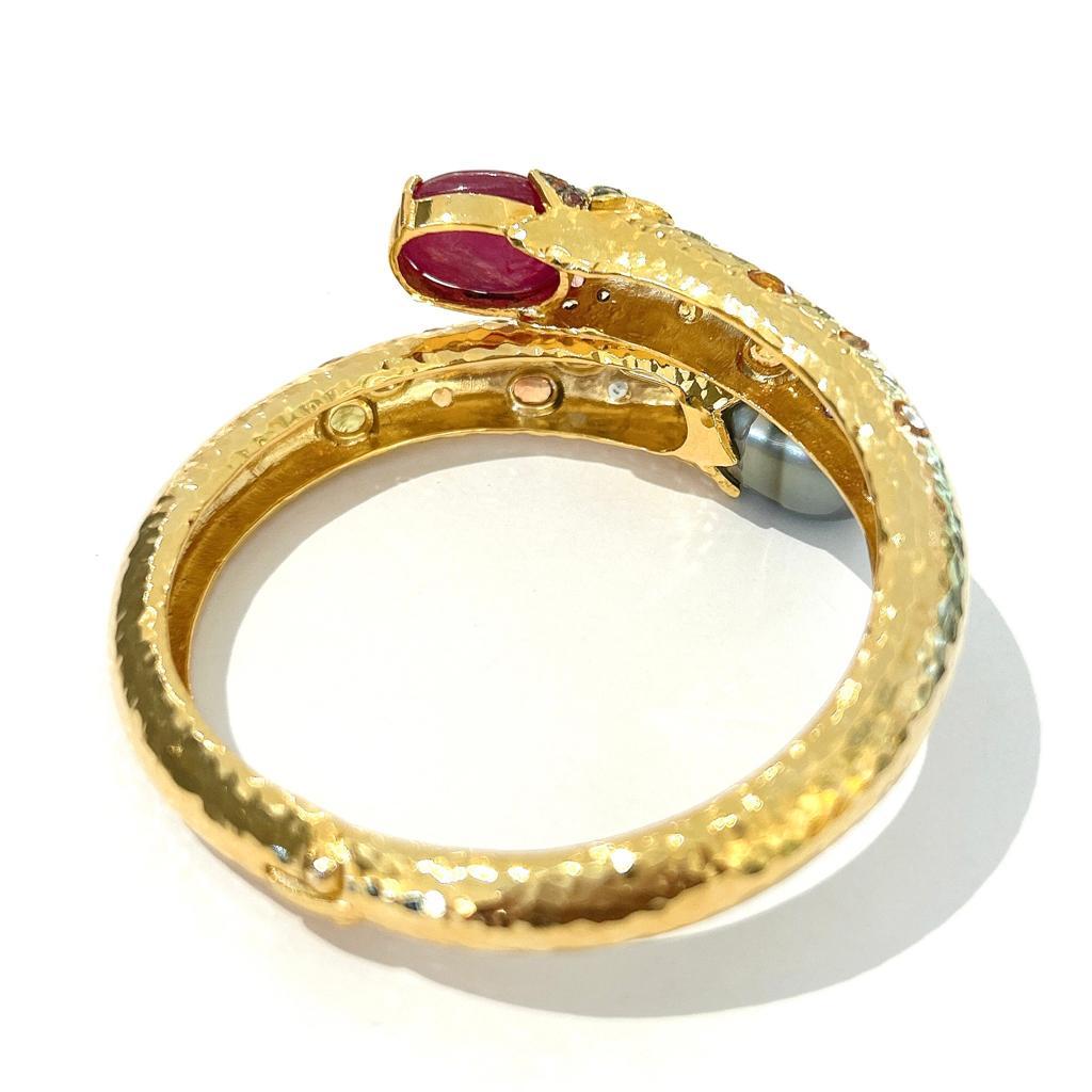 Brilliant Cut Bochic “Orient” Vintage Ruby, Pearl & Multi Sapphire Dragon Bangle Set In 18K Go For Sale