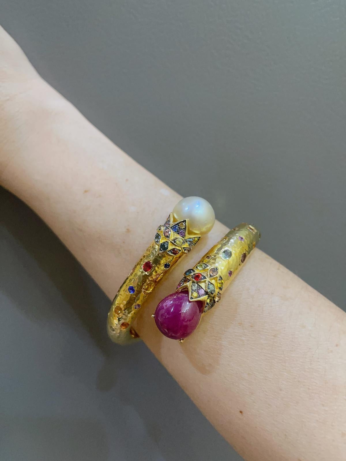 Women's or Men's Bochic “Orient” Vintage Ruby, Pearl & Multi Sapphire Dragon Bangle Set In 18K Go For Sale