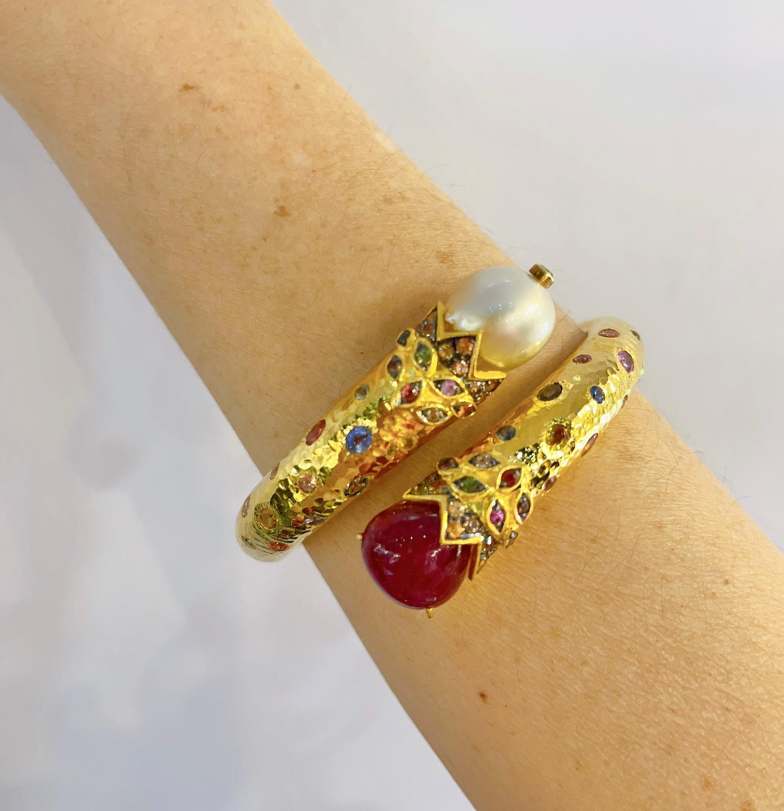 Bochic “Orient” Vintage Ruby, Pearl & Multi Sapphire Dragon Bangle Set In 18K Go For Sale 1