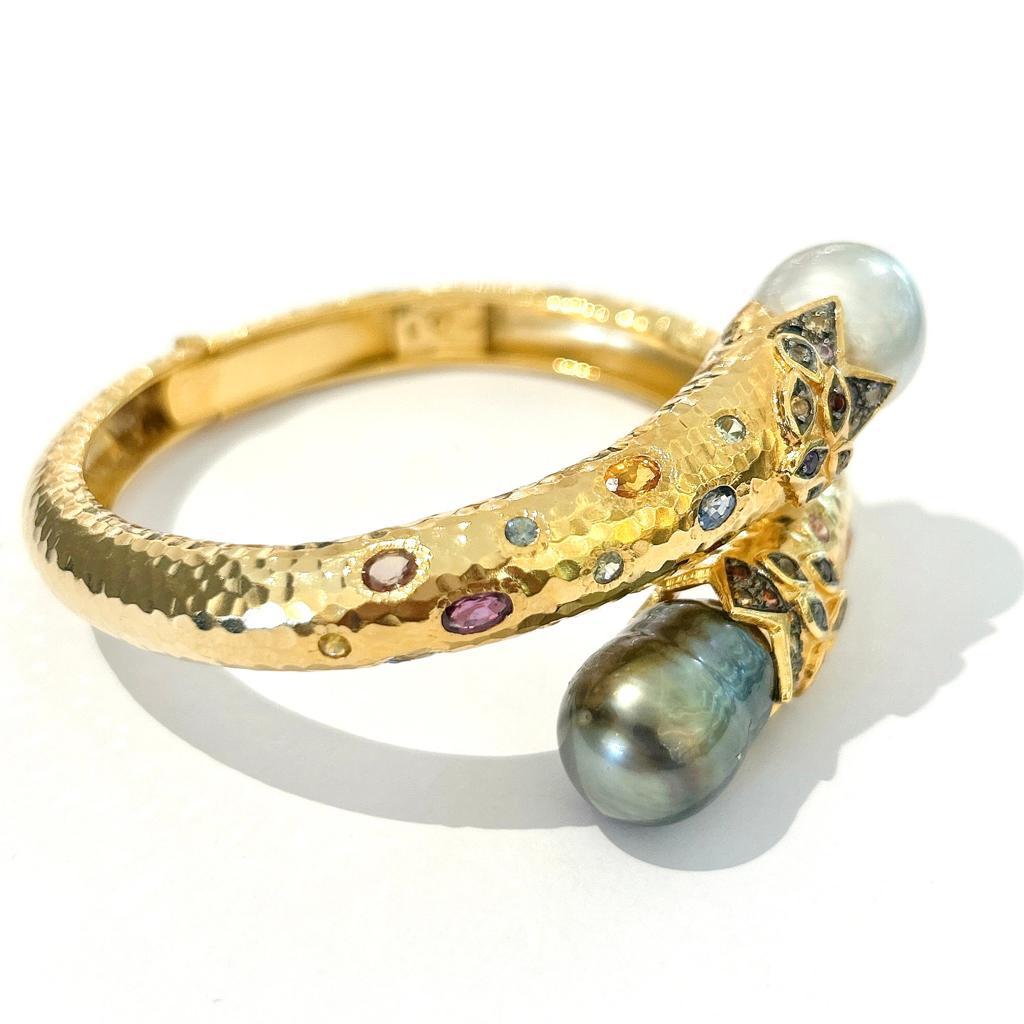 Bochic “Orient” Vintage Ruby, Pearl & Multi Sapphire Dragon Bangle Set In 18K Go For Sale 3