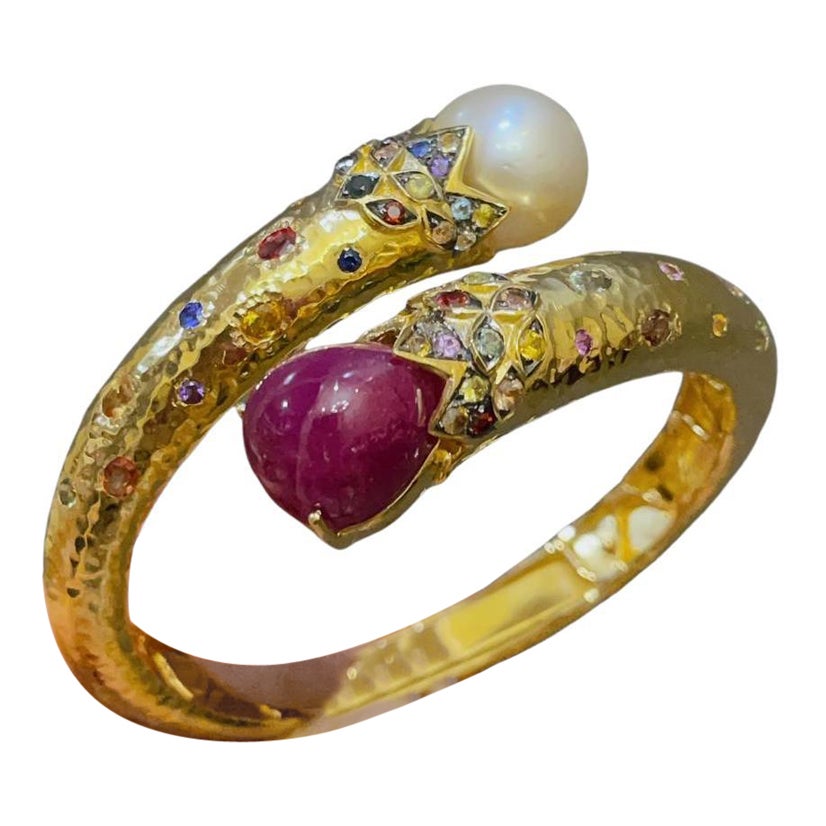 Bochic “Orient” Vintage Ruby, Pearl & Multi Sapphire Dragon Bangle Set In 18K Go For Sale