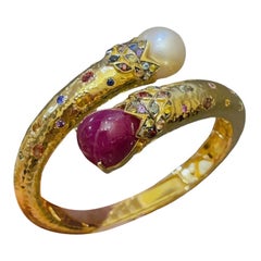 Bochic “Orient” Vintage Ruby, Pearl & Multi Sapphire Dragon Bangle Set In 18K Go