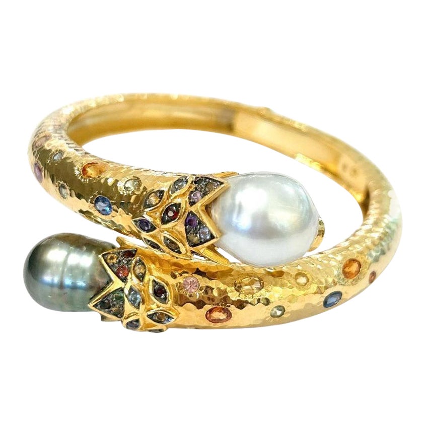 Bochic “Orient” Vintage Ruby, Pearl 
Multi Sapphire Dragon Bangle Set In 18K Go