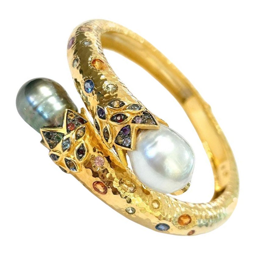 Bochic “Orient” Vintage Ruby, Pearl & Multi Sapphire Dragon Bangle Set In 18K Go For Sale