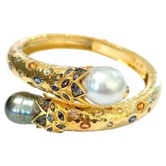 Bochic “Orient” Vintage Ruby, Pearl & Multi Sapphire Dragon Bangle Set In 18K Go