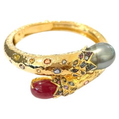 Bochic “Orient” Vintage Ruby, Pearl & Multi Sapphire Dragon Bangle Set In 18K Go