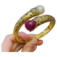 Bochic “Orient” Vintage Ruby, Pearl & Multi Sapphire Dragon Bangle Set In 18K Go