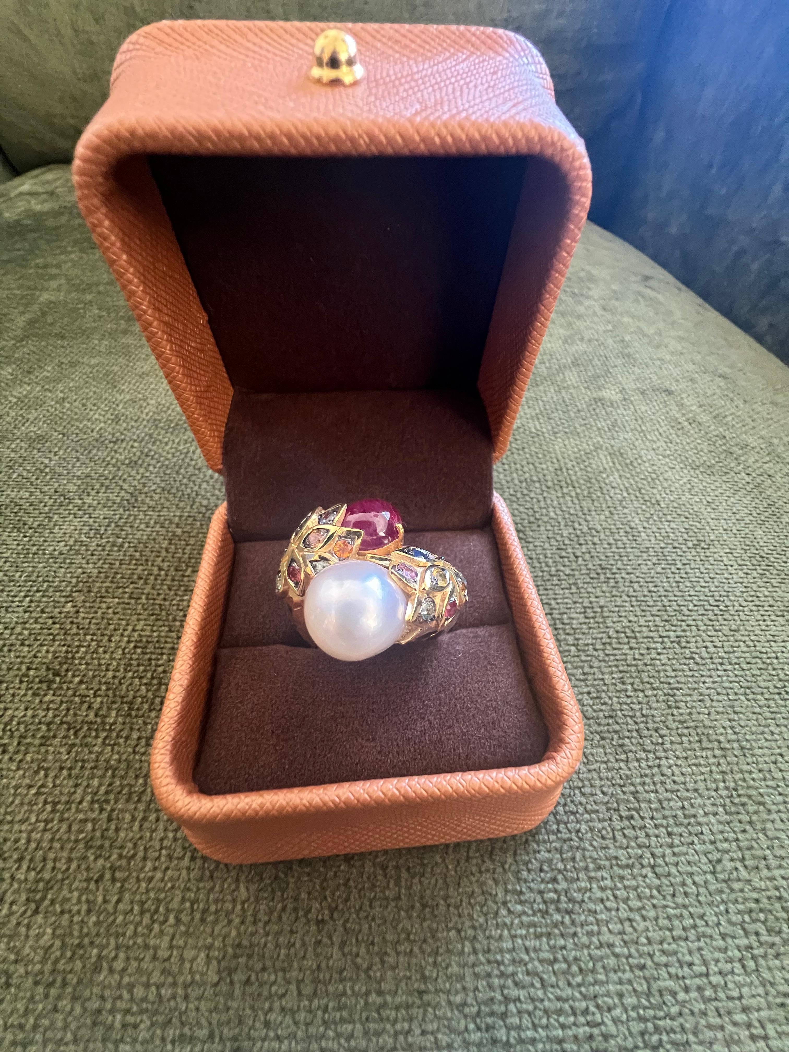 Bochic “Orient” Vintage Ruby, Pearl & Multi Sapphire Ring Set 18K Gold & Silver For Sale 6
