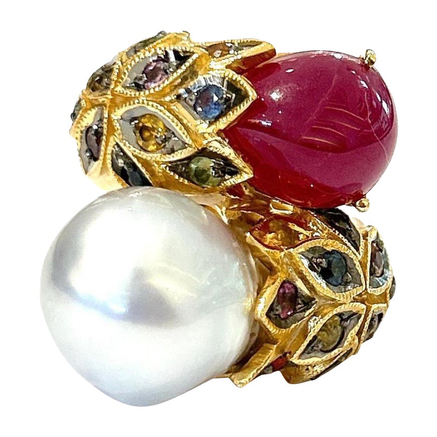 Bochic "Orient" Set di anelli con rubini, perle e zaffiri multipli in oro e argento 18 carati