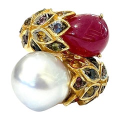 Bochic “Orient” Vintage Ruby, Pearl & Multi Sapphire Ring Set 18K Gold & Silver