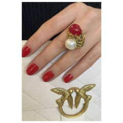 Bochic “Orient” Vintage Ruby, Pearl & Multi Sapphire Ring Set 18K Gold & Silver