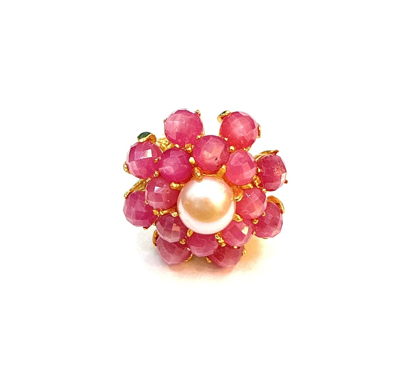 Art Deco Bochic “Orient” Vintage Ruby & Pearl Ring Set In 18K Yellow Gold & Silver For Sale