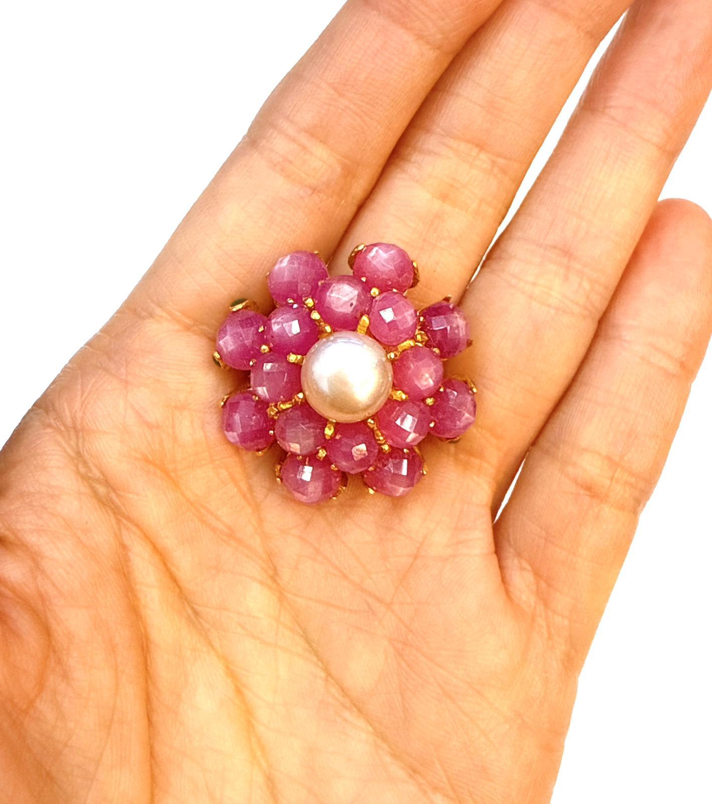 Briolette Cut Bochic “Orient” Vintage Ruby & Pearl Ring Set In 18K Yellow Gold & Silver For Sale