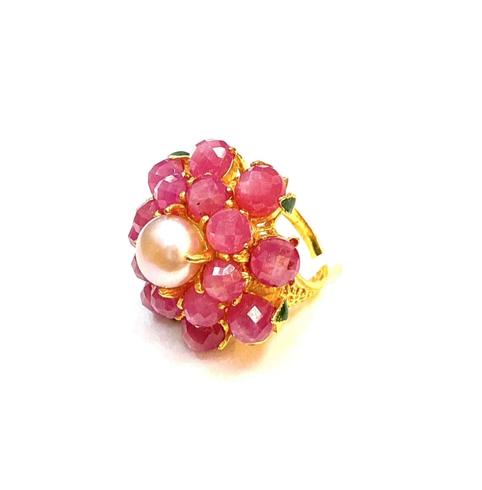 Women's or Men's Bochic “Orient” Vintage Ruby & Pearl Ring Set In 18K Yellow Gold & Silver For Sale