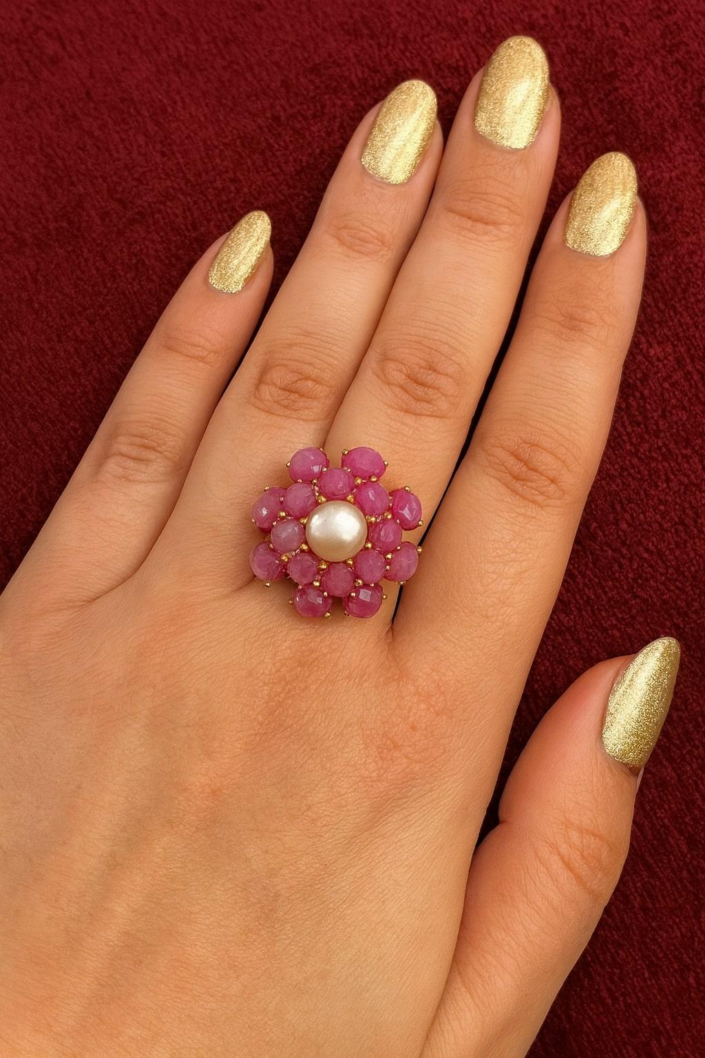 Bochic “Orient” Vintage Ruby & Pearl Ring Set In 18K Yellow Gold & Silver For Sale 3