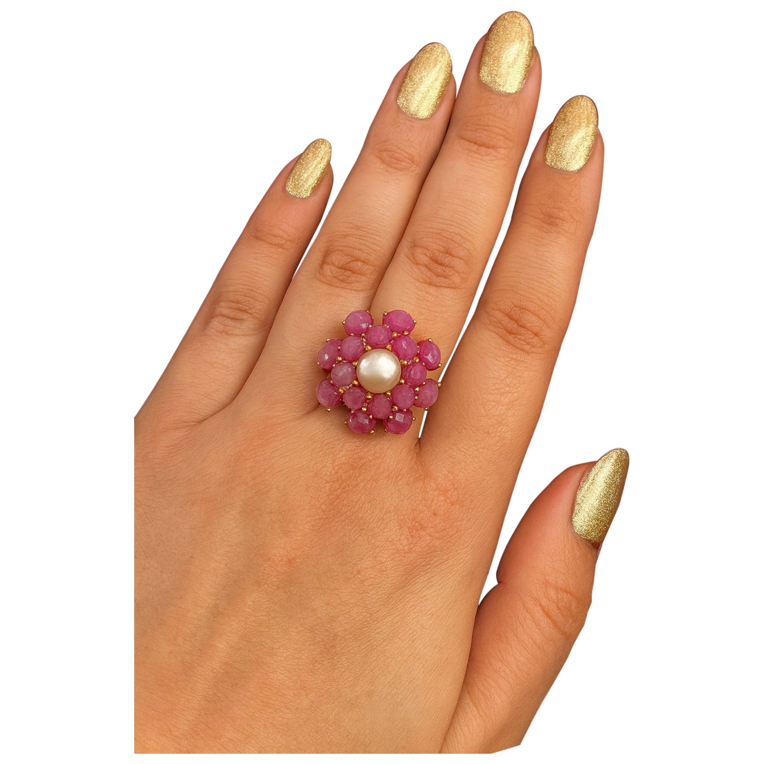 Bochic “Orient” Vintage Ruby & Pearl Ring Set In 18K Yellow Gold & Silver For Sale