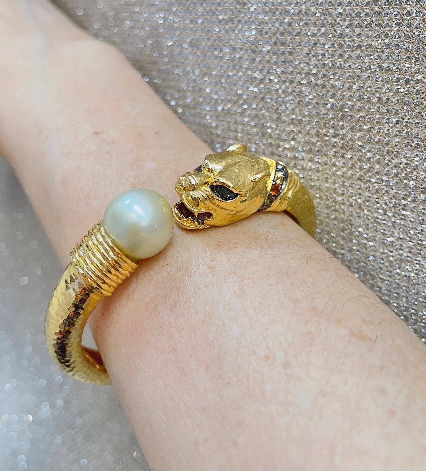 Bochic “Orient” Vintage Ruby, Pearl & Sapphire Dragon Bangle Set 18K Gold & Silv For Sale 5