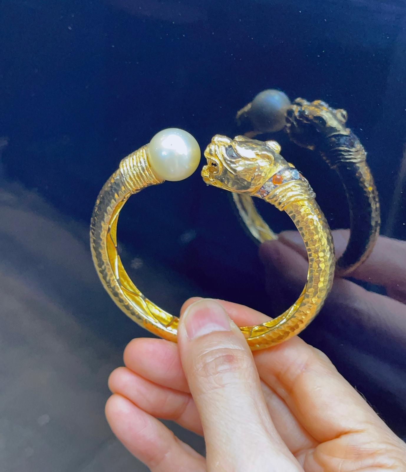 Bochic “Orient” Vintage Ruby, Pearl & Sapphire Dragon Bangle Set 18K Gold & Silv For Sale 6
