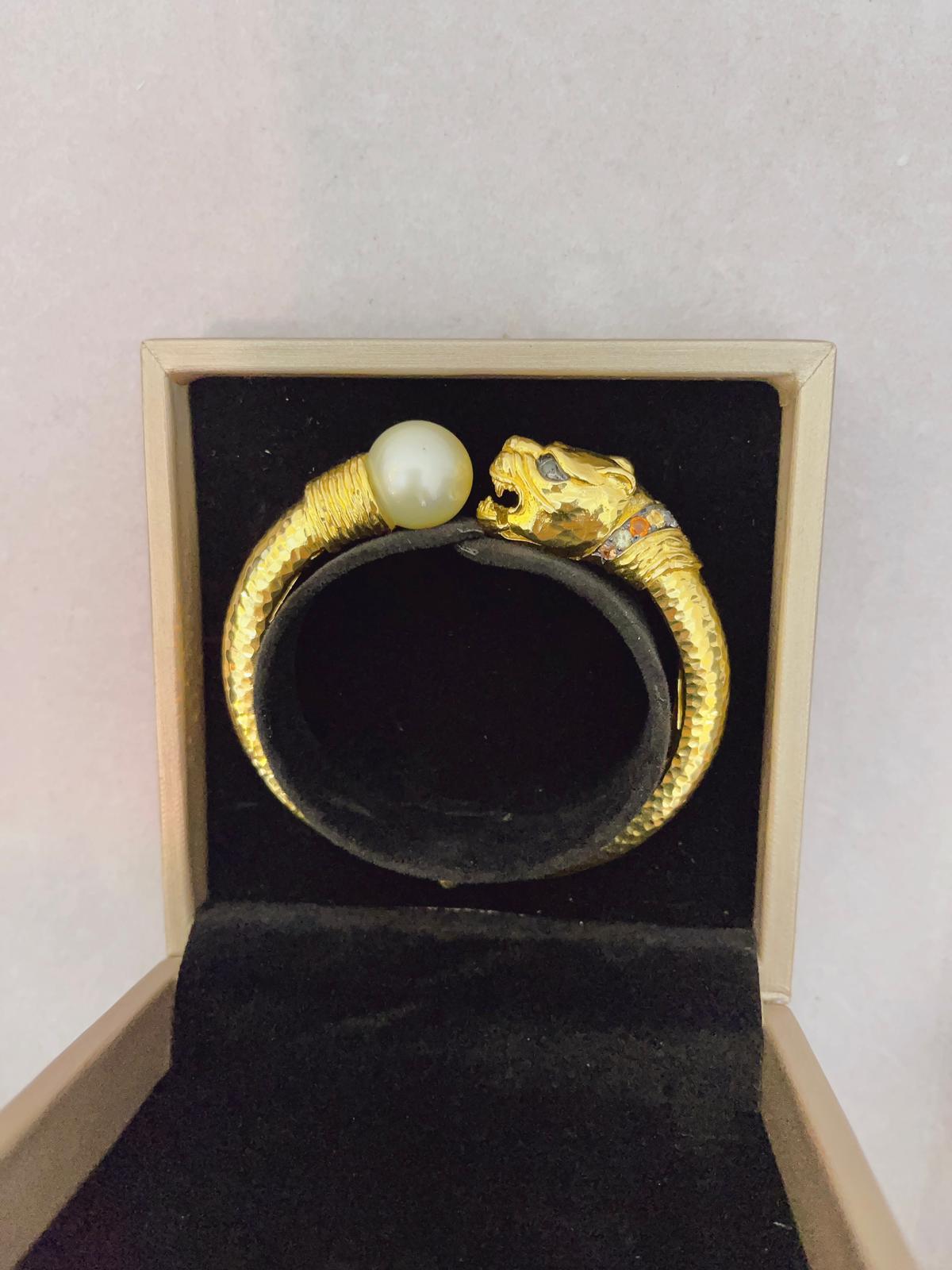 Bochic “Orient” Vintage Ruby, Pearl & Sapphire Dragon Bangle Set 18K Gold & Silv For Sale 9