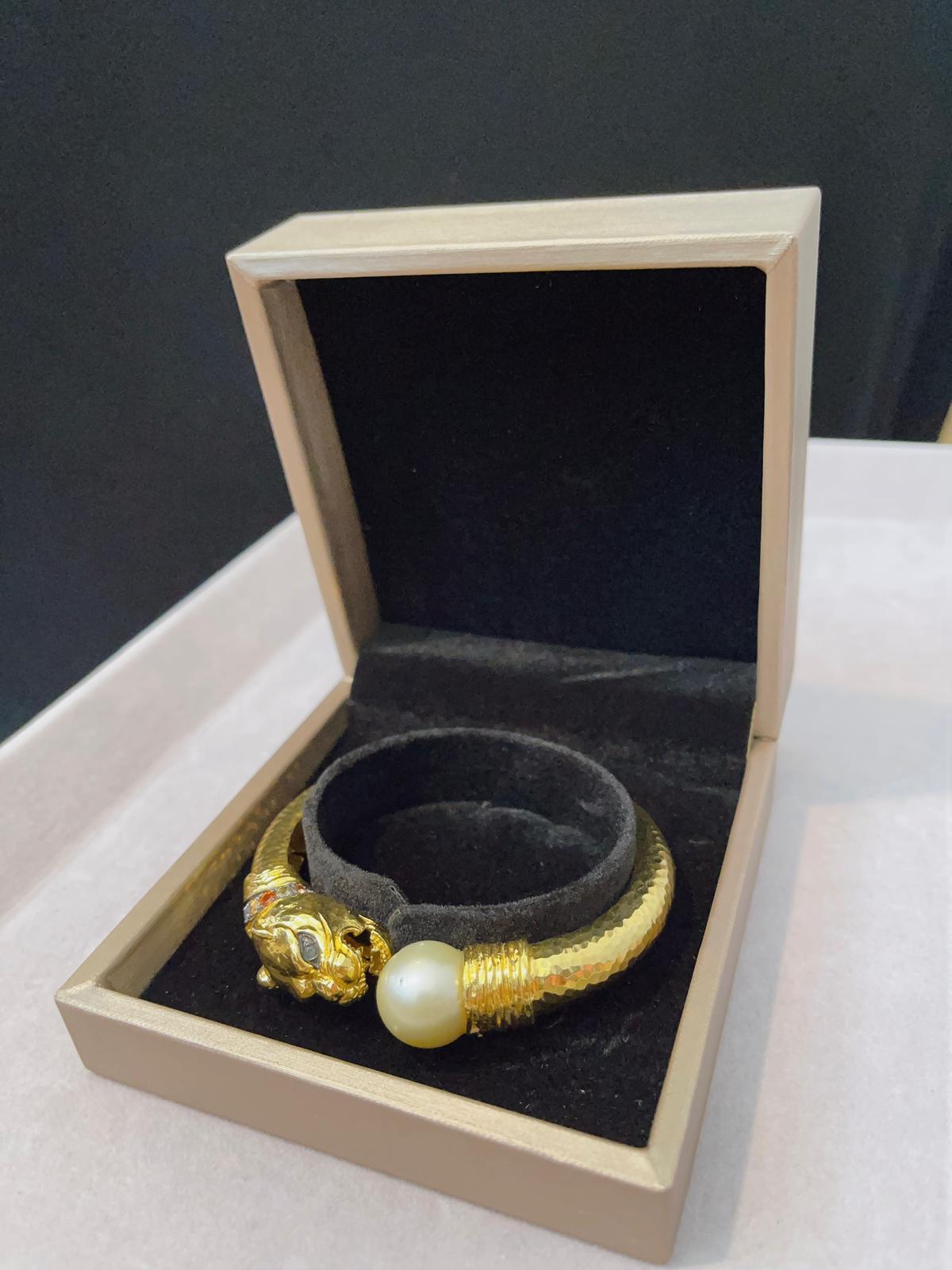 Classical Greek Bochic “Orient” Vintage Ruby, Pearl & Sapphire Dragon Bangle Set 18K Gold & Silv For Sale