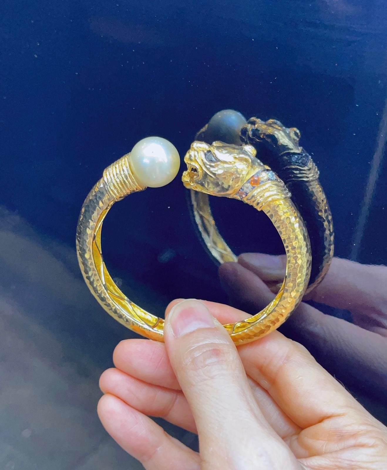 Brilliant Cut Bochic “Orient” Vintage Ruby, Pearl & Sapphire Dragon Bangle Set 18K Gold & Silv For Sale