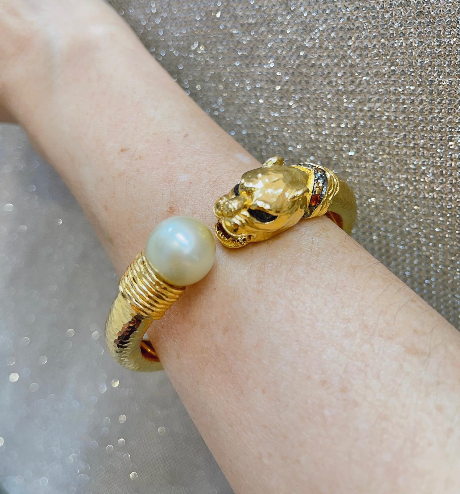 Bochic “Orient” Vintage Ruby, Pearl & Sapphire Dragon Bangle Set 18K Gold & Silv For Sale 2