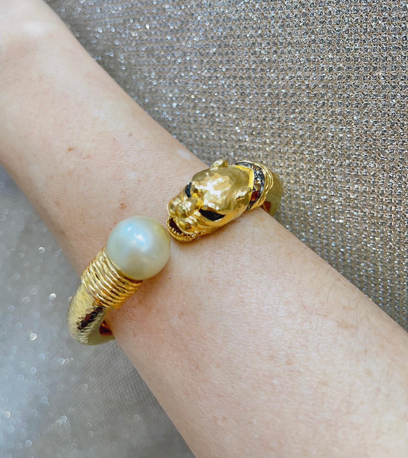Bochic “Orient” Vintage Ruby, Pearl & Sapphire Dragon Bangle Set 18K Gold & Silv For Sale 3