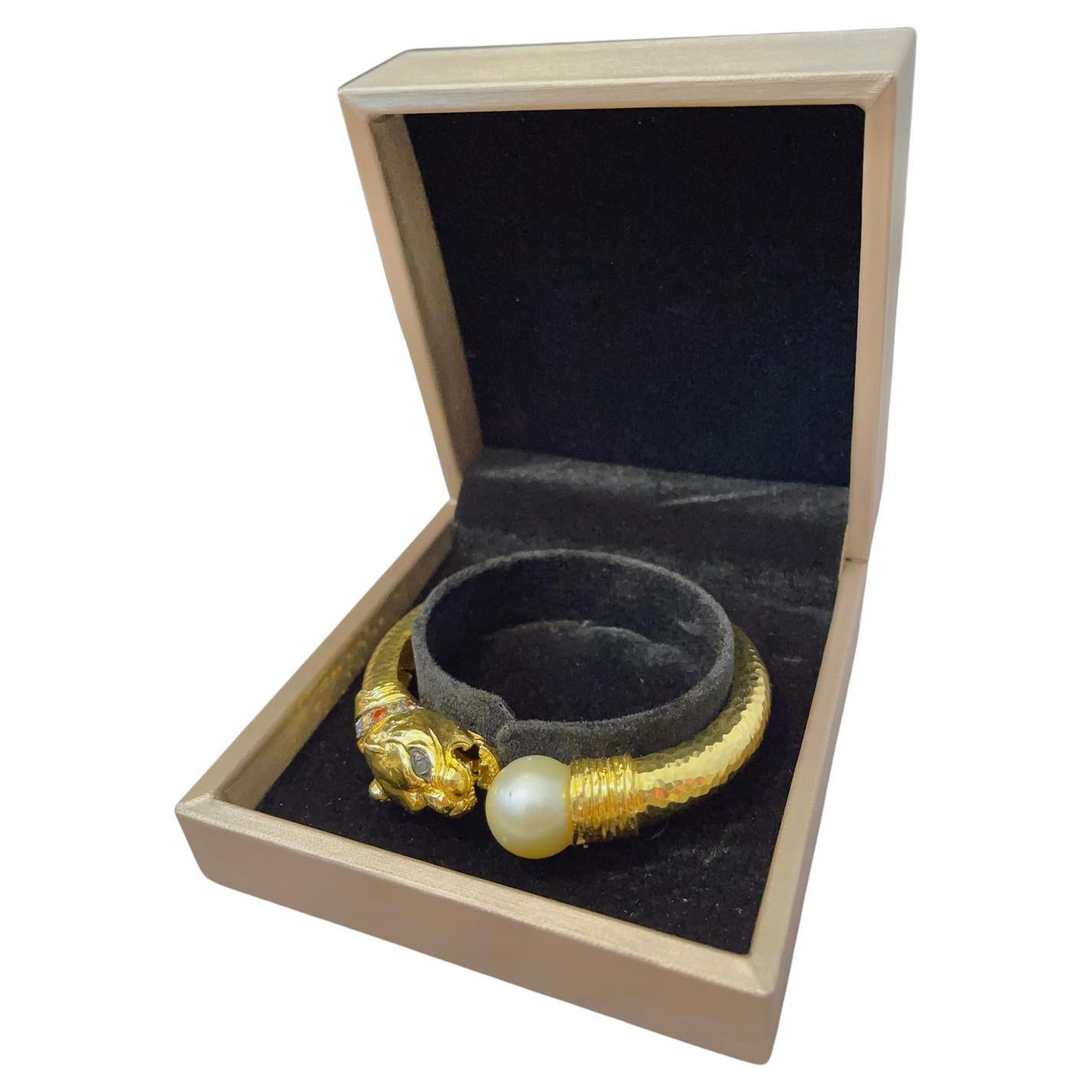 Bochic “Orient” Vintage Ruby, Pearl & Sapphire Dragon Bangle Set 18K Gold & Silv
