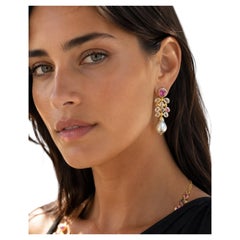 Orecchini pendenti Bochic "Orient" vintage con rubini e zaffiri rosa, in oro 18 carati e argento