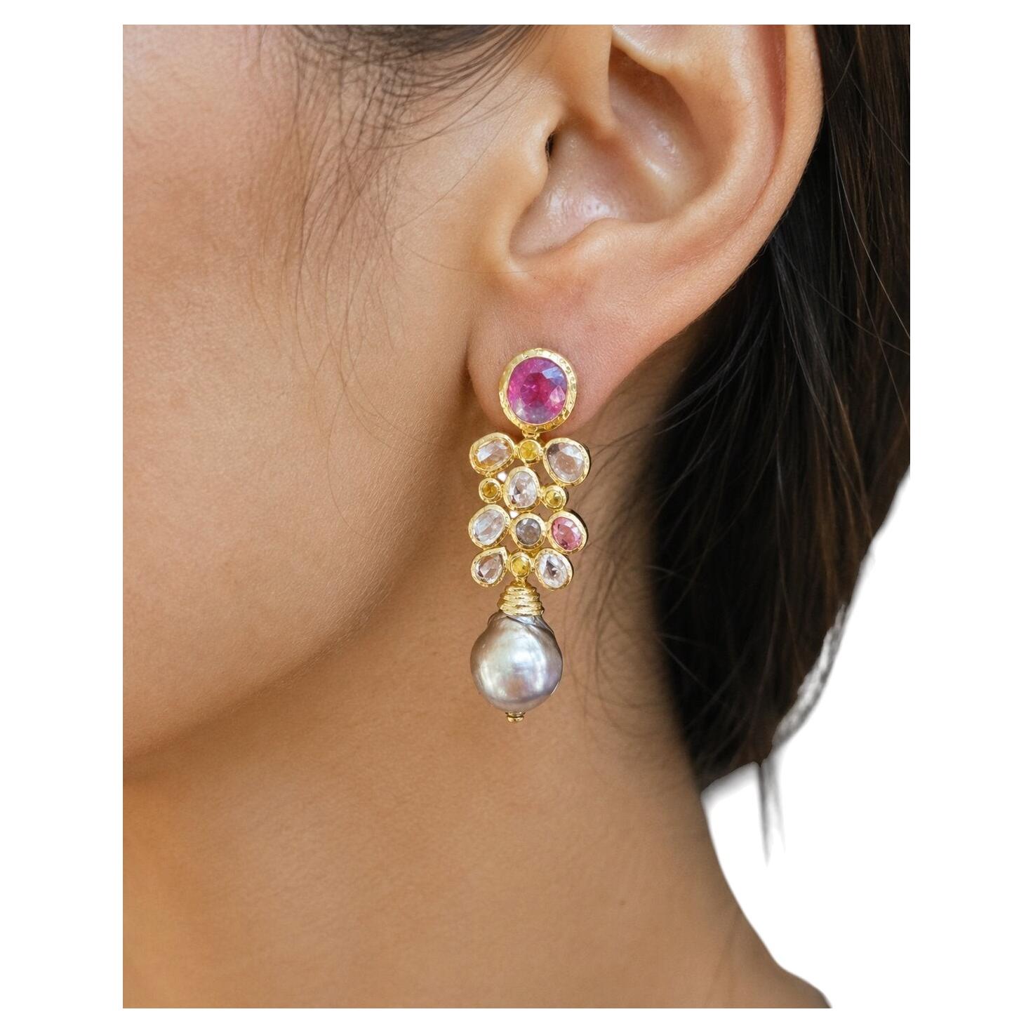 Bochic 'Orient' Vintage Ruby & Rose Sapphire Drop Earrings 18K Gold & SIlver