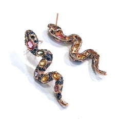 Juego de pendientes vintage Bochic "Orient" Rubí y zafiro Serpiente Oro de 18 quilates y plata