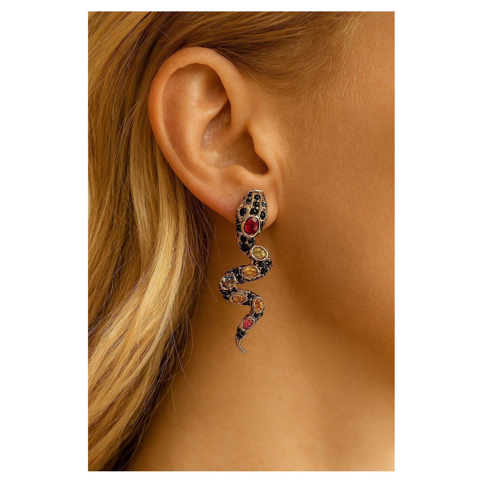 Bochic "Orient" Boucles d'oreilles serpent Vintage Rubis & Saphir Or 18K & Silver