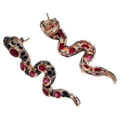 Bochic “Orient” Vintage Ruby & Sapphire Serpent Earrings Set 18K Gold & Silver
