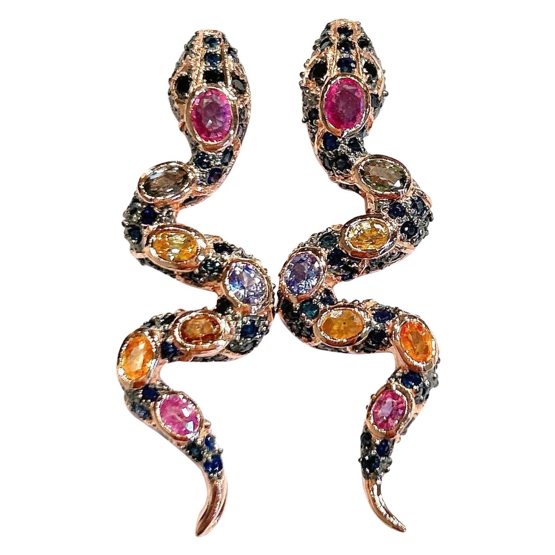 Bochic “Orient” Vintage Ruby 
Sapphire Serpent Earrings Set 18K Gold 
Silver For Sale