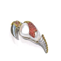 Bochic "Orient" Vintage Rubin, Saphir & weiße Südseeperle Brosche 18K Gold