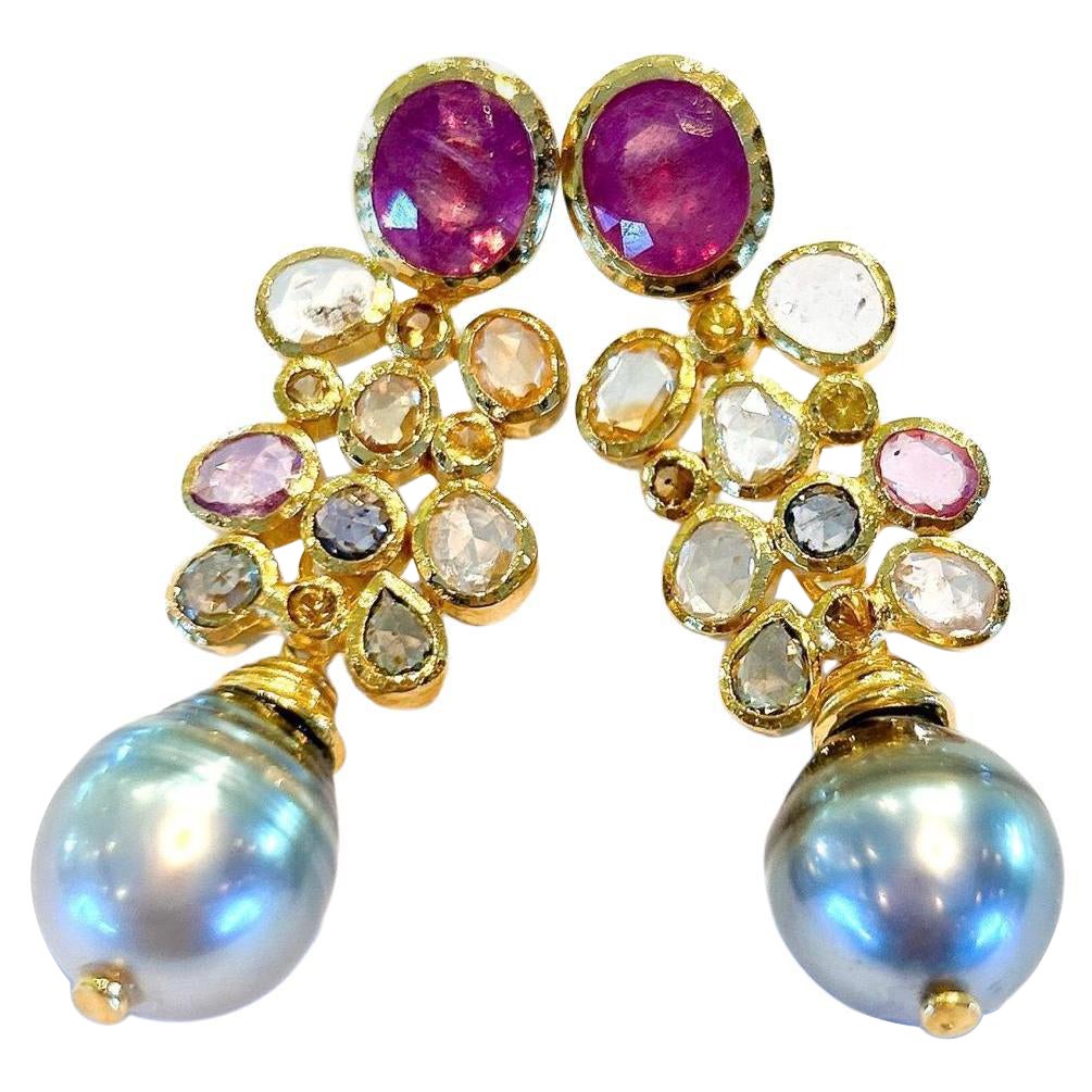 Bochic “Orient” Vintage Ruby, Sapphires & Pearl Earrings - 18K Gold & Silver