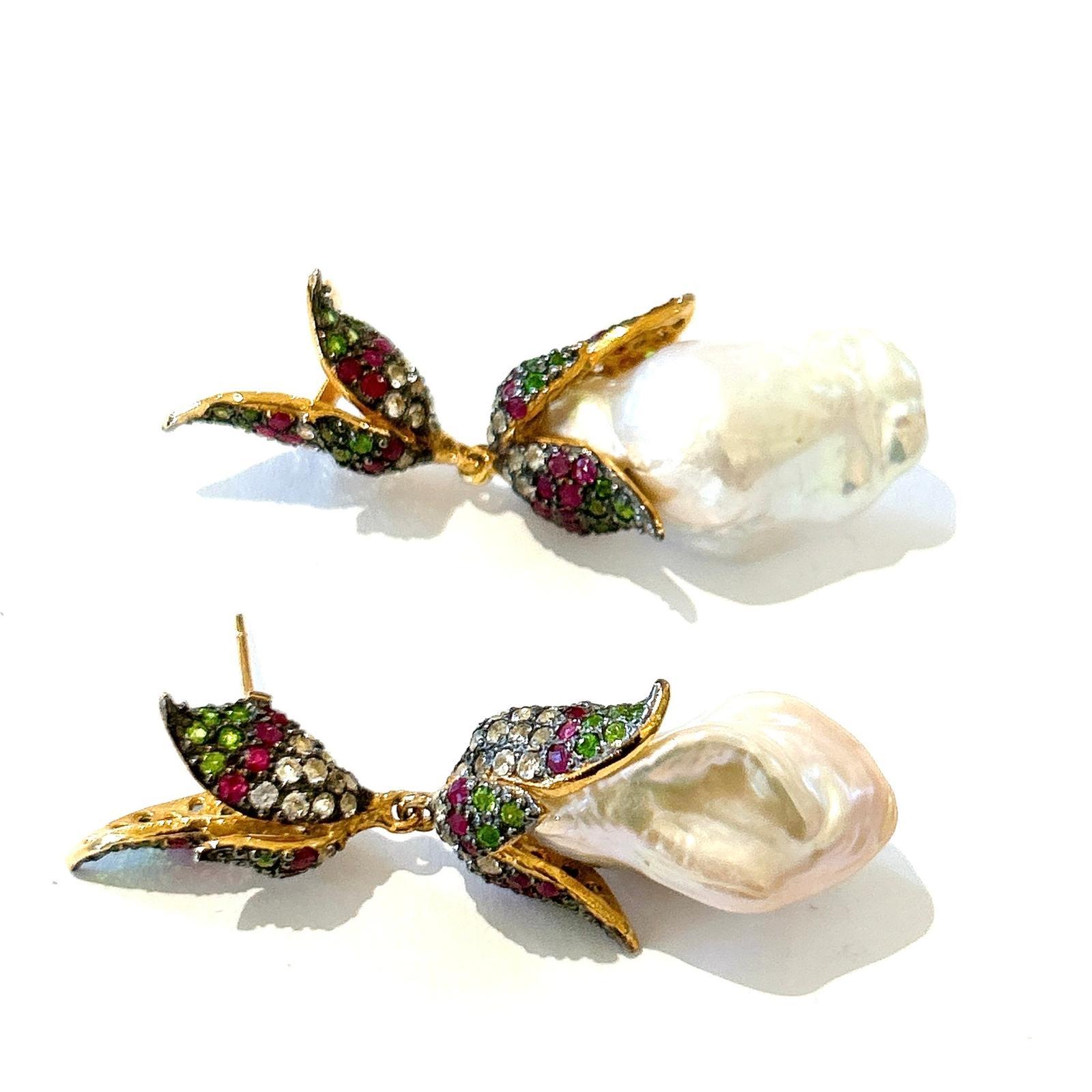 Brilliant Cut Bochic “Orient” Vintage Ruby, Topaz & Multi Gem Earrings Set In 18K Gold & Silve For Sale
