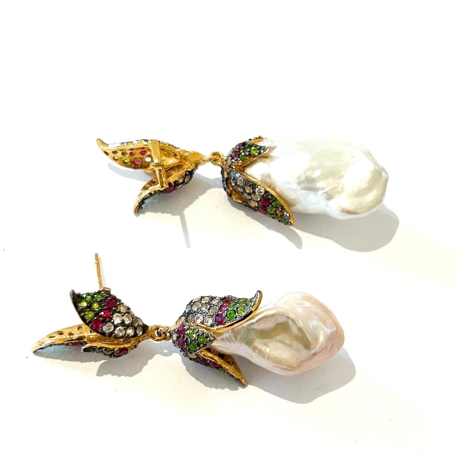Women's or Men's Bochic “Orient” Vintage Ruby, Topaz & Multi Gem Earrings Set In 18K Gold & Silve For Sale