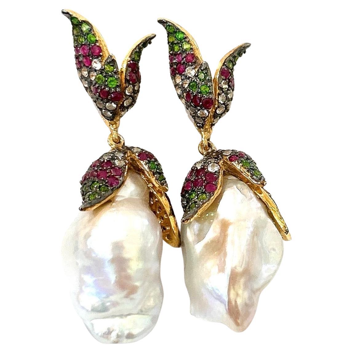 Bochic “Orient” Vintage Ruby, Topaz & Multi Gem Earrings Set In 18K Gold & Silve For Sale