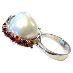 Bochic “Orient” Vintage Ruby & White Pearl Ring Set 18K Gold & Silver